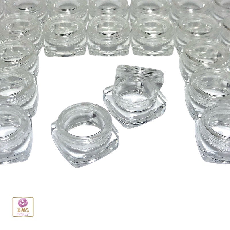 100 Cosmetic Jars Plastic Thick Wall Square Makeup Containers Lip Balm Glitter Pot Clear Lid 5 Gram 5 Ml (3037-100) Discount Cosmetic Jars