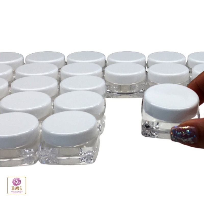 100 Cosmetic Jars Thick Wall Square Beauty Lip Balm Glitter Pigment Containers White Lids 10 Gram 10 Ml (3086-100) Discount Cosmetic Jars