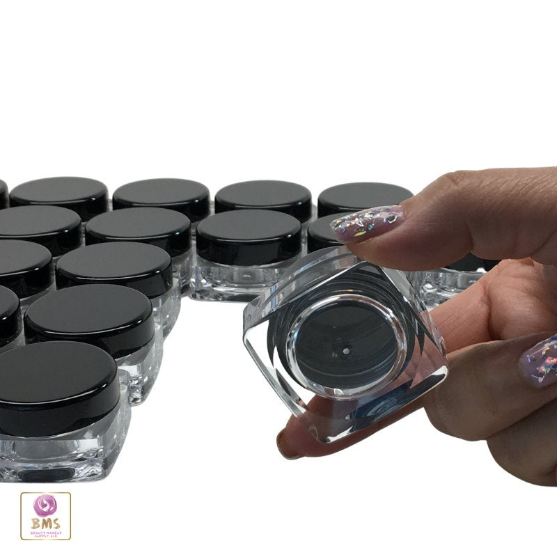 100 Cosmetic Jars Thick Wall Square Plastic Beauty Lip Balm Containers 10 Gram 10 Ml Black Lid (100 Jars) 3088-100 Discount Cosmetic Jars