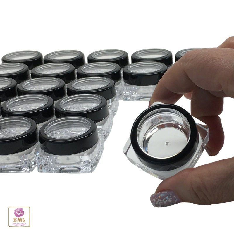 100 Cosmetic Jars Thick Wall Square Plastic Beauty Lip Balm Containers 10 Gram 10 Ml Black Trim Lids (3089-100) Discount Cosmetic Jars
