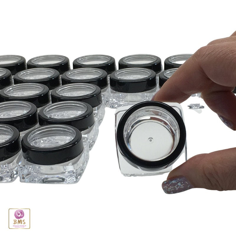 100 Cosmetic Jars Thick Wall Square Plastic Beauty Lip Balm Containers 10 Gram 10 Ml Black Trim Lids (3089-100) Discount Cosmetic Jars