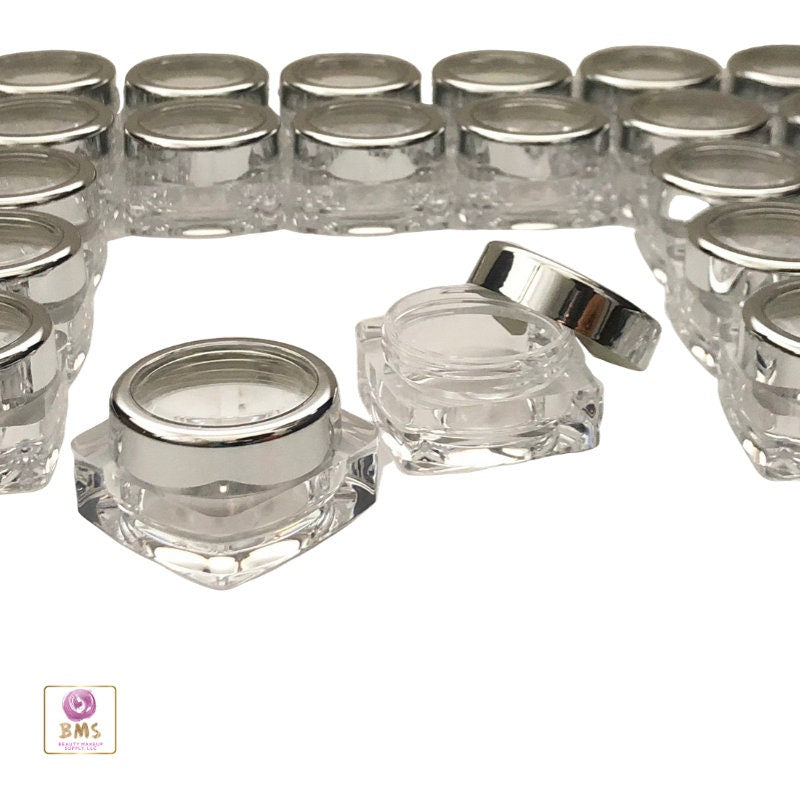 100 Cosmetic Jars Thick Wall Square Plastic Beauty Lip Balm Containers Silver Trim Acrylic Lid 10 Gram 10 Ml (3081-100) Discount Cosmetic Jars