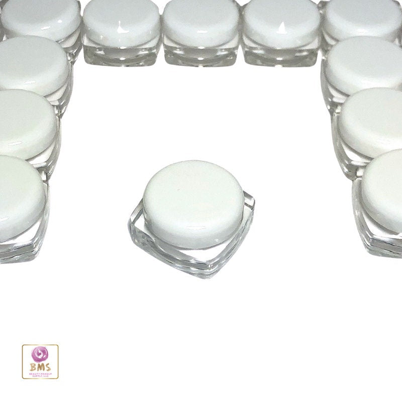 100 Cosmetic Jars Wholesale Plastic Thick Wall Square Beauty Containers White Cap 5 Gram 5 Ml (3036-100) Discount Cosmetic Jars