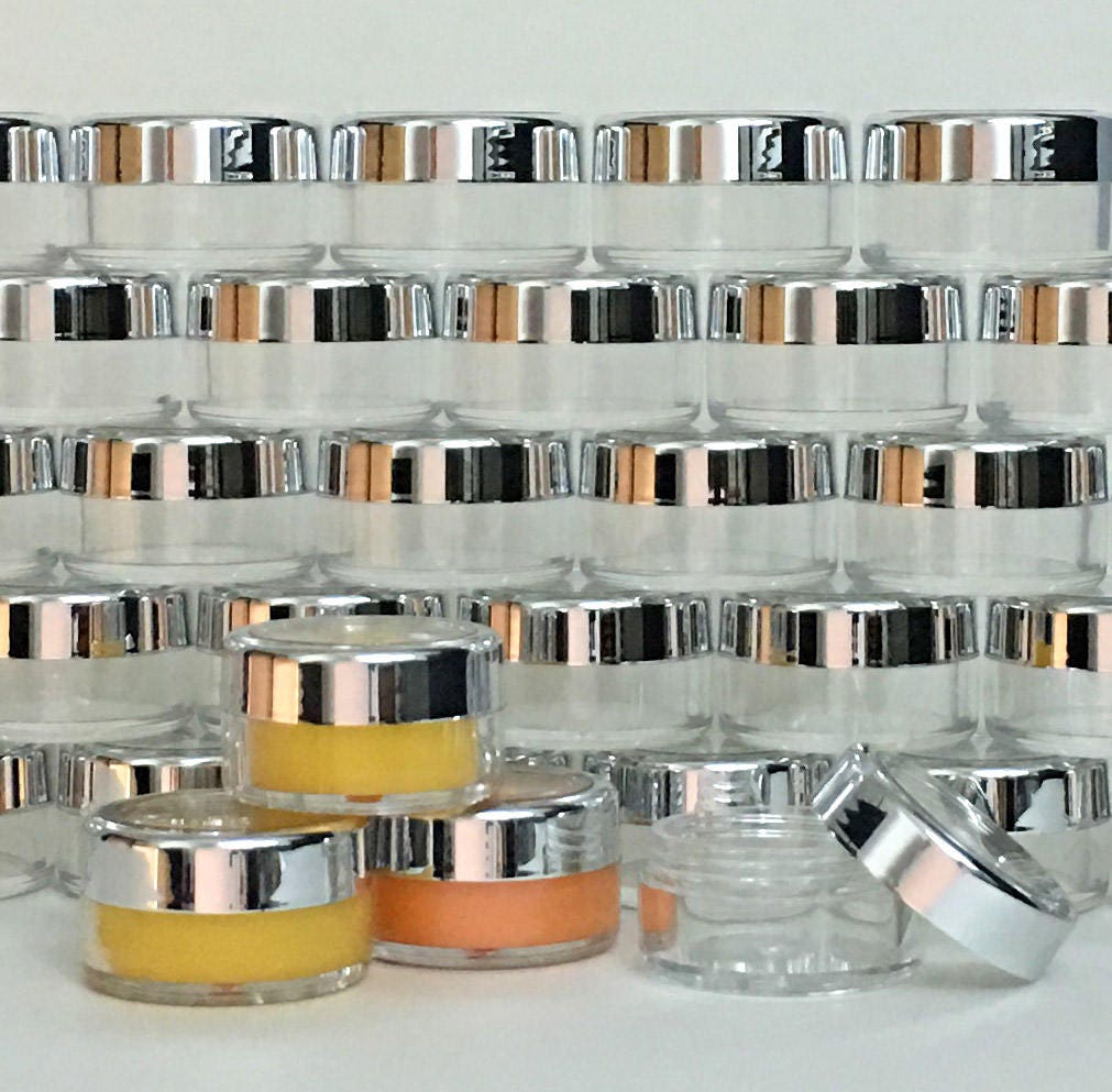 25 Beauty Lip Balm Containers Empty Small Plastic Cosmetic Pigment Jars Silver Trim Acrylic Lid 10 Gram 10 Ml (3011-25) Discount Cosmetic Jars