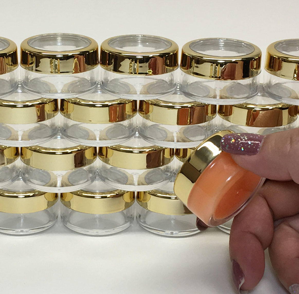 25 Beauty Lip Balm Eyeshadow Containers Empty Plastic Small Cosmetic Makeup Jars Gold Trim Acrylic Lid 10 Gram 10 Ml (3012-25) Discount Cosmetic Jars