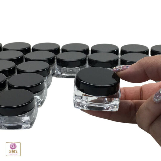 25 Cosmetic Containers Thick Wall Square Plastic Beauty Makeup Lip Balm Jars  10 Gram 10 Ml Black Lids (3088-25) Discount Cosmetic Jars
