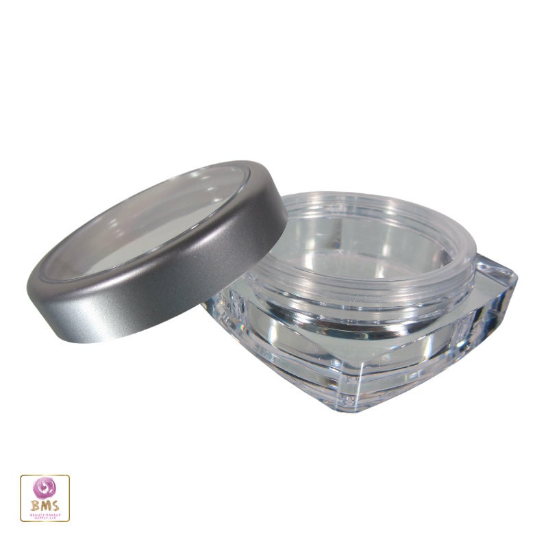 25 Cosmetic Jars Square Plastic Thick Wall Empty Beauty Containers Pot Silver Trim Window Cap 15 Gram 15 Ml (3083-25) Discount Cosmetic Jars