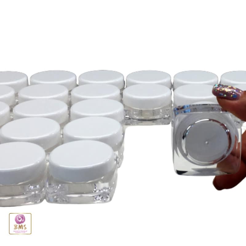 25 Cosmetic Jars Thick Wall Square Beauty Lip Balm Glitter Pigment Containers White Lids 10 Gram 10 Ml (3086-25) Discount Cosmetic Jars