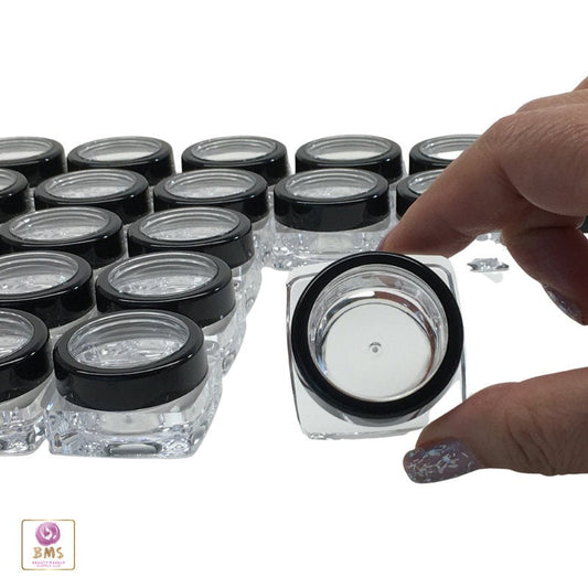 25 Cosmetic Lip Balm Containers Thick Wall Square Plastic Jars Eye Shadow Pot 10 Gram 10 Ml Black Trim Lid (3089-25) Discount Cosmetic Jars