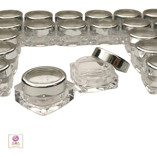 25 Empty Beauty Lip Balm Square Jars Plastic Thick Wall Cosmetic Containers Silver Trim Acrylic Lid 10 Gram 10 Ml (3081-25) Discount Cosmetic Jars