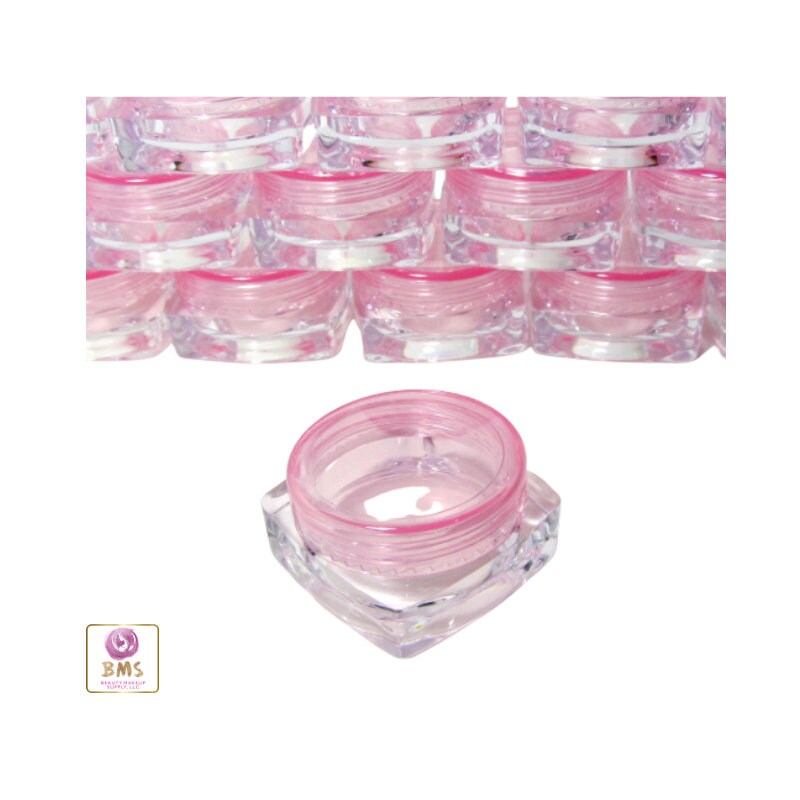 25 Mini Cosmetic Jars Square Beauty Lip Balm Eyeshadow Glitter Containers Pink Lids 3 Gram 3 Ml (3043-25) Discount Cosmetic Jars