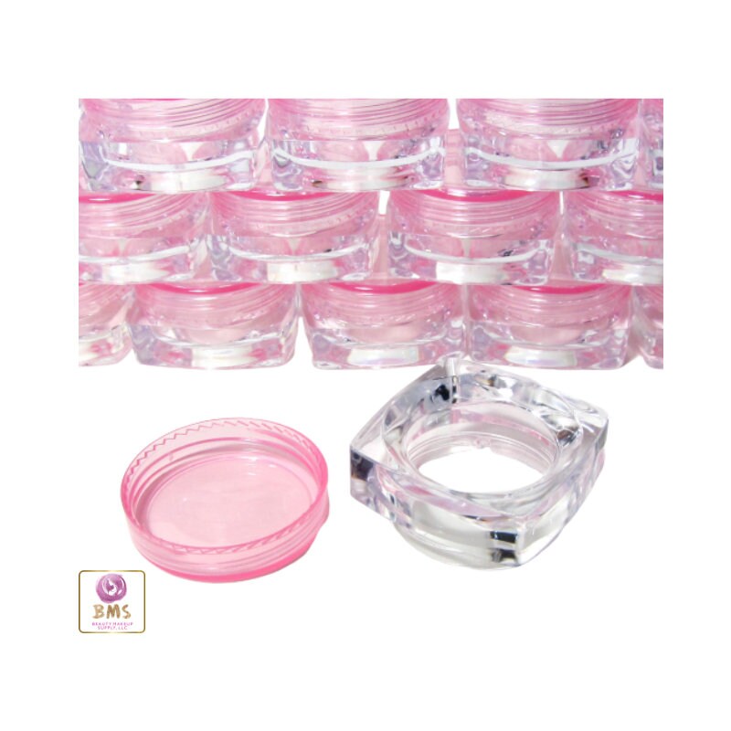 25 Mini Cosmetic Jars Square Beauty Lip Balm Eyeshadow Glitter Containers Pink Lids 3 Gram 3 Ml (3043-25) Discount Cosmetic Jars