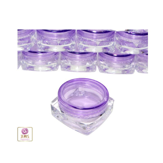 25 Mini Cosmetic Jars Square Beauty Lip Balm Eyeshadow Glitter Containers Purple Lids 3 Gram 3 Ml (3042-25) Discount Cosmetic Jars