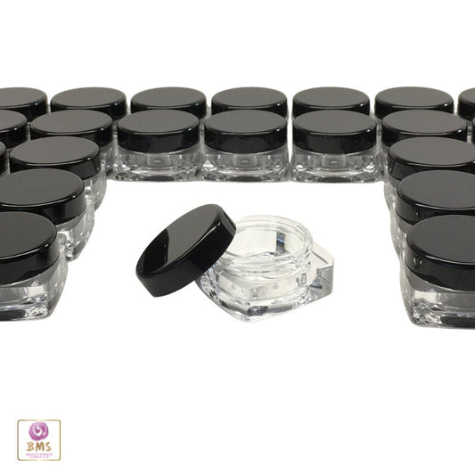 5 Cosmetic Jars Thick Wall Square Plastic Beauty Lip Balm Container Makeup Packaging Black Lid 10 Gram 10 Ml (3088-5) Discount Cosmetic Jars
