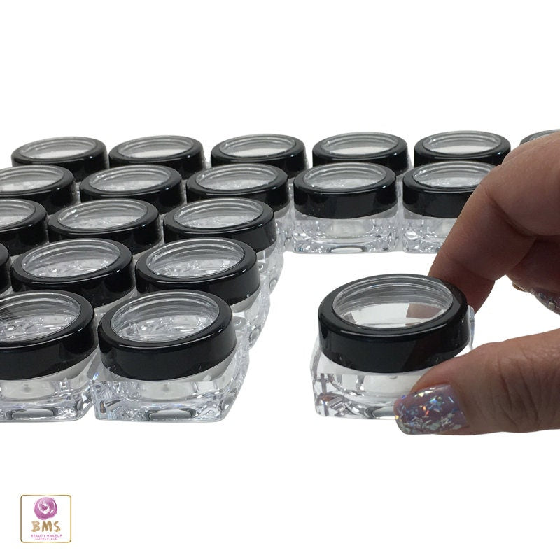 5 Cosmetic Jars Thick Wall Square Plastic Beauty Lip Balm Containers 10 Gram 10 Ml Black Trim Lids (3089-5) Discount Cosmetic Jars