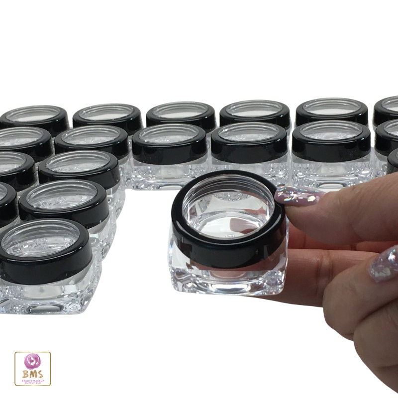 5 Cosmetic Jars Thick Wall Square Plastic Beauty Lip Balm Containers 10 Gram 10 Ml Black Trim Lids (3089-5) Discount Cosmetic Jars