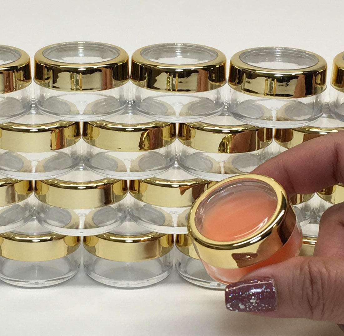 5 Cosmetic Makeup Mini Sample Jars Empty Plastic Beauty Lip Balm Containers Gold Trim Acrylic Lid 10 Gram 10 Ml (5 Jars) 3012-5 Discount Cosmetic Jars