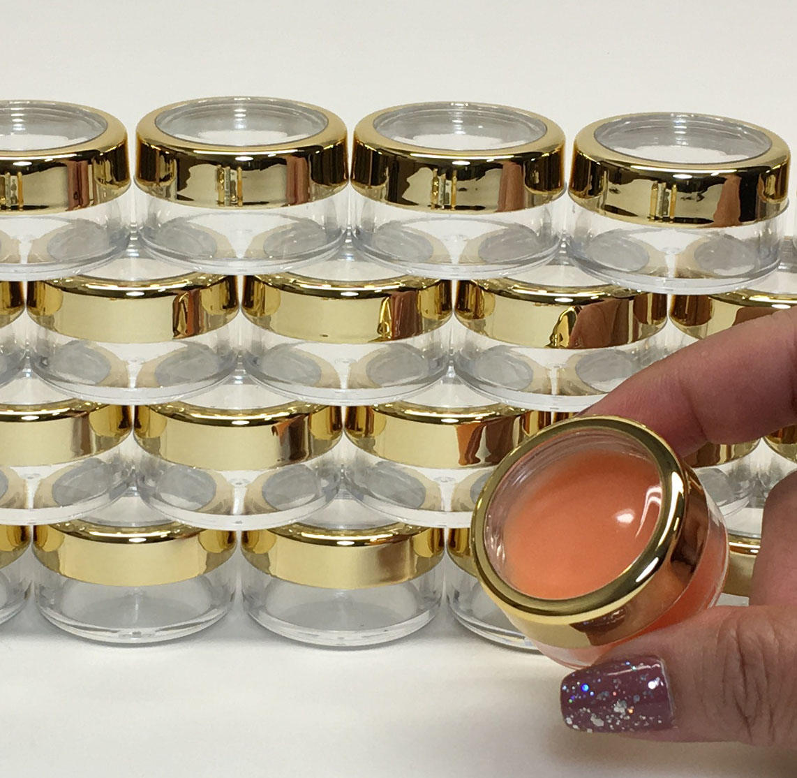 5 Cosmetic Makeup Mini Sample Jars Empty Plastic Beauty Lip Balm Containers Gold Trim Acrylic Lid 10 Gram 10 Ml (5 Jars) 3012-5 Discount Cosmetic Jars