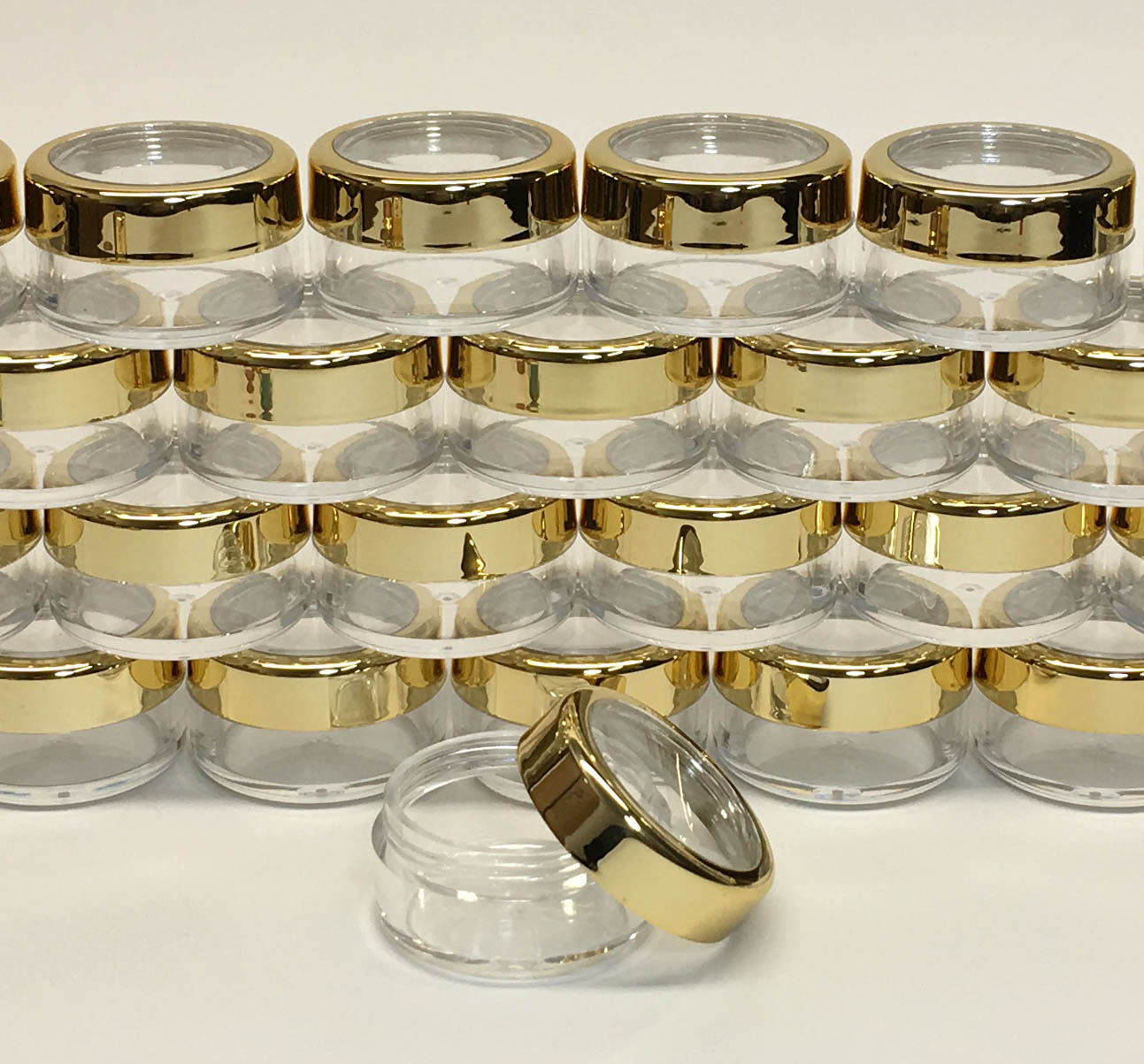 5 Cosmetic Makeup Mini Sample Jars Empty Plastic Beauty Lip Balm Containers Gold Trim Acrylic Lid 10 Gram 10 Ml (5 Jars) 3012-5 Discount Cosmetic Jars