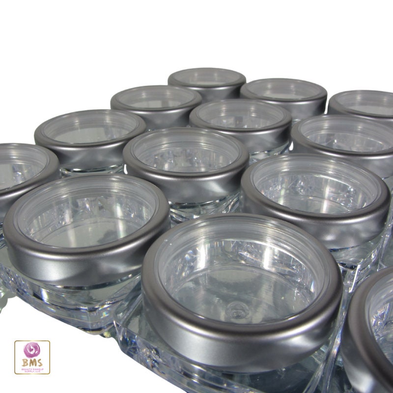 5 Makeup Jars Square Plastic Thick Wall Empty Cosmetic Containers 15 Ml Silver Trim Window Cap (3083-5) Discount Cosmetic Jars