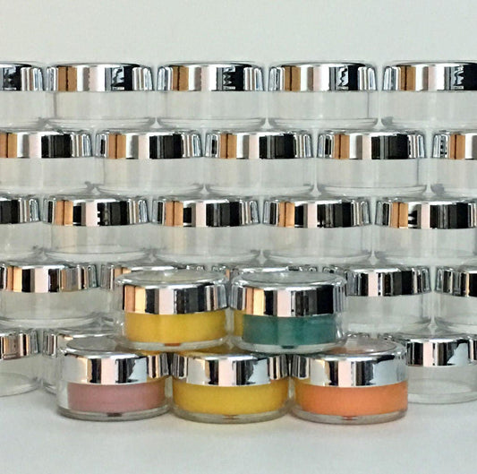 50 Beauty Lip Balm Containers Empty Small Plastic Cosmetic Pigment Jars Silver Trim Acrylic Lid 10 Gram 10 Ml (3011-50) Discount Cosmetic Jars