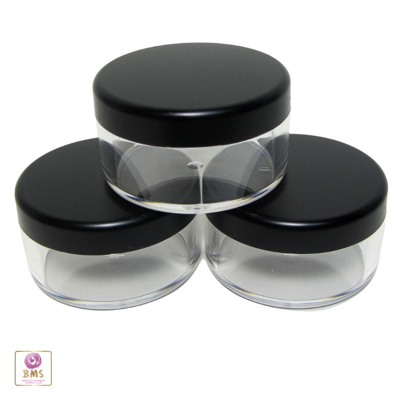 50 Cosmetic Jars Clear Plastic Beauty Loose Face powder Containers Matte Black Lids 30 Gram 30 Ml (3073-50) Discount Cosmetic Jars