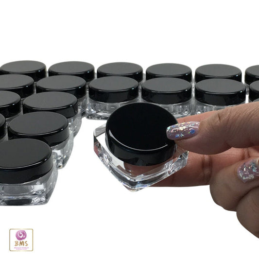 50 Cosmetic Jars Thick Wall Square Plastic Beauty & Craft Containers Black Lids 10 Gram 10 Ml (3088-50) Discount Cosmetic Jars