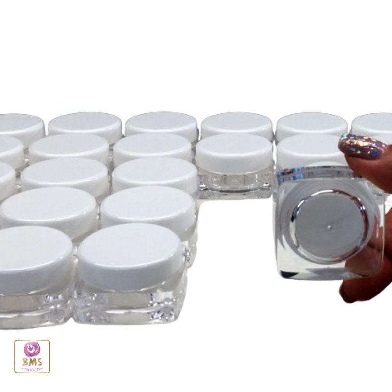 50 Cosmetic Jars Thick Wall Square Plastic Beauty Lip Balm Container Eye Shadow Pot White Lid 10 Gram 10 ML (3086-50) Discount Cosmetic Jars