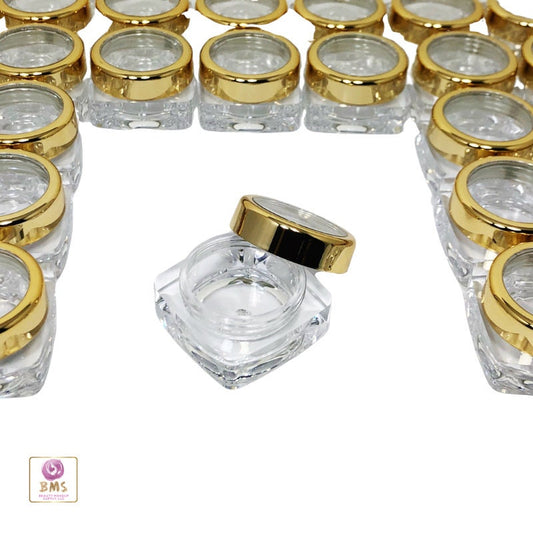 50 Empty Lip Balm Jars Beauty Thick Wall Square Plastic Cosmetic Containers  Gold Trim Acrylic Lid 10 Gram 10 Ml (3082-50) Discount Cosmetic Jars