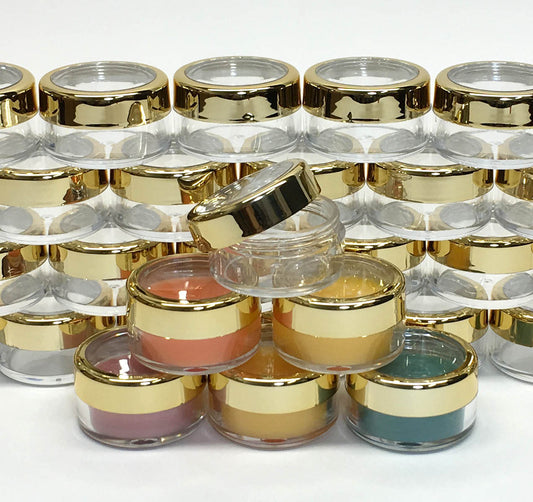 50 Mini Beauty Lip Balm Gloss Containers Empty Plastic Eyeshadow Cosmetic Jars Gold Trim Acrylic Lid 10 Gram 10 Ml (3012-50) Discount Cosmetic Jars