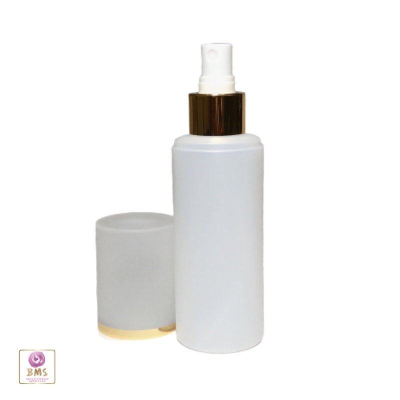 Plastic Bottles PE Luxury Spray Bottles with white Sprayer Pump w/ Gold Collars & Overcap 5 oz Natural Frosted (50 Bottles) 9725-50 Discount Cosmetic Jars