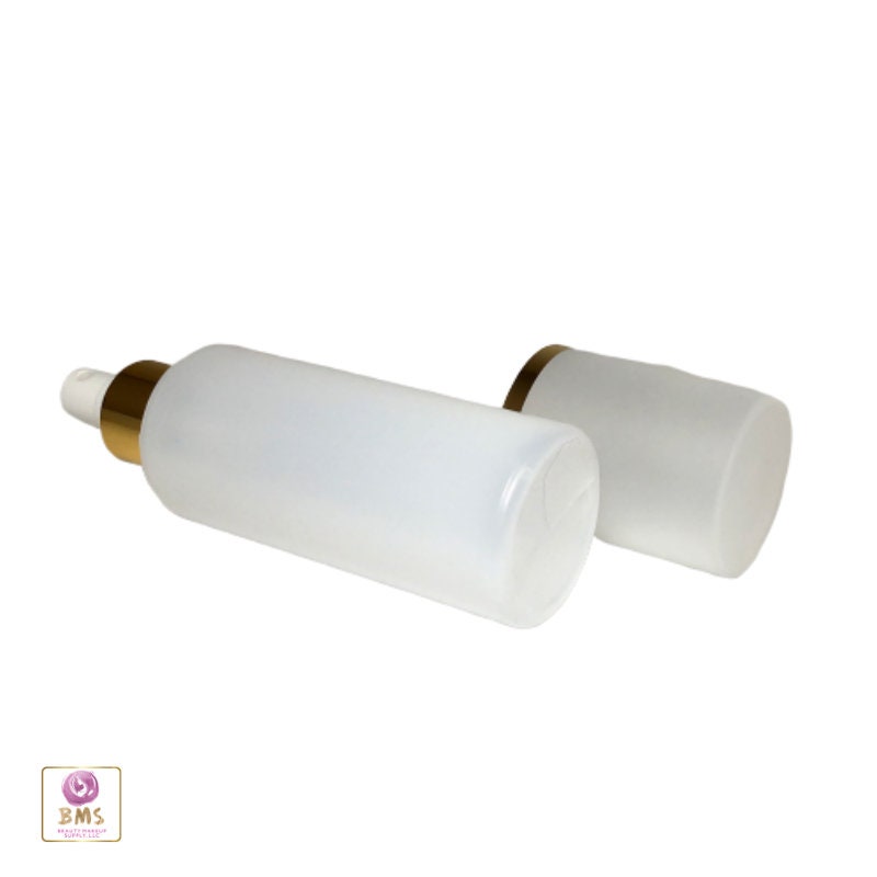Plastic Bottles PE Spray Bottles with white Sprayer Pump w/ Gold Collars & Overcap 5 oz Natural Frosted (25 Bottles) 9725-25 Discount Cosmetic Jars